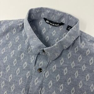 Travis Mathew Mens M Blue Diamond Geo Print Button Shirt Short Sleeve Stretch
